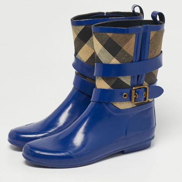 Burberry Beige/blue House Check Canvas And Blue Rubber Rain Boots Size 39